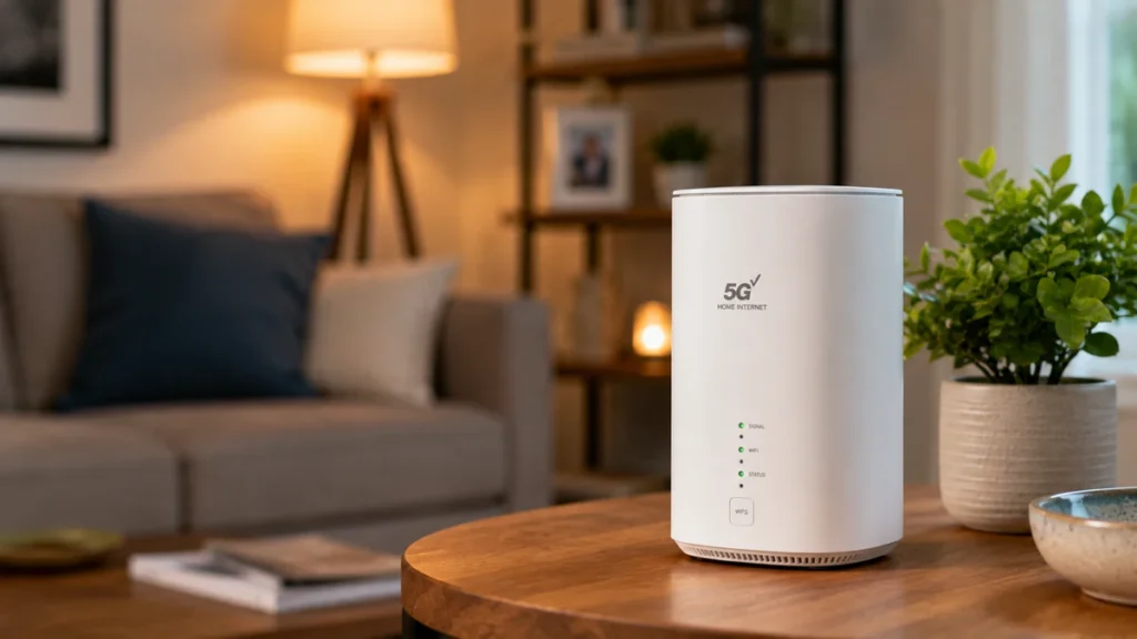 Modern compact home Wi-Fi router setup on a side table in a cozy living room