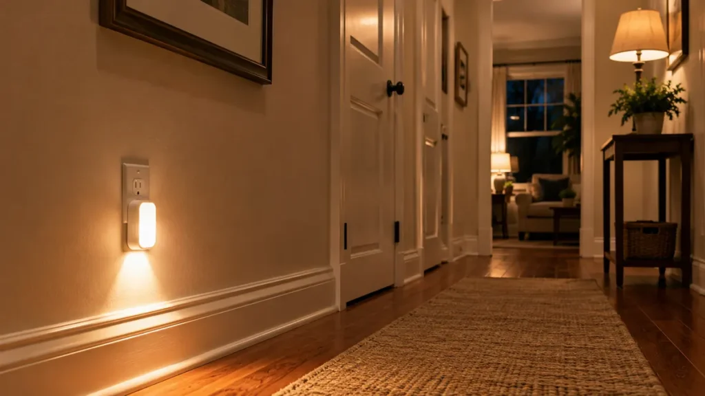 Clean clutter-free home hallway with illuminated nightlight for senior home safety