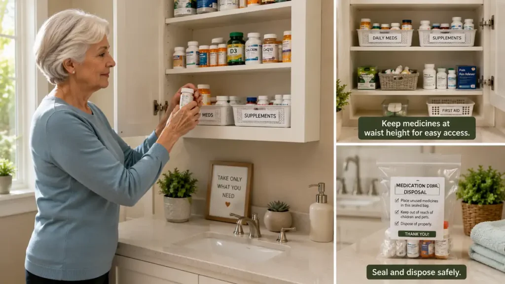 Safe medication disposal bag and waist height bathroom storage for older adults