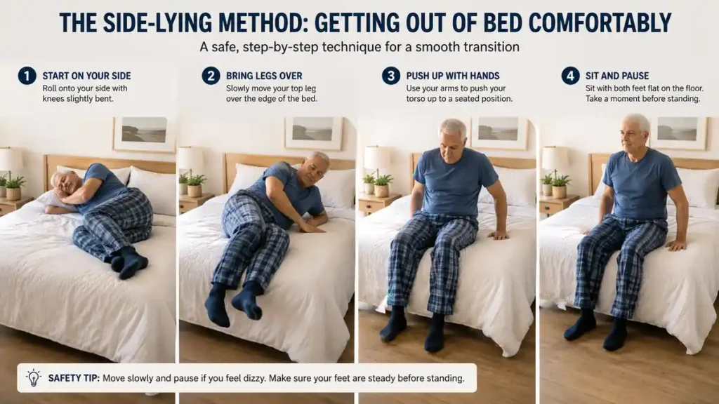 Senior demonstrating safe side-lying transition technique from bed mobility exercises for seniors