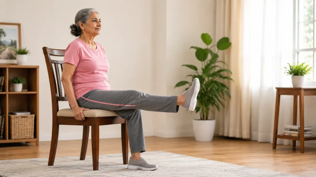 Senior woman performing seated leg lifts at home to strengthen leg muscles and improve knee mobility. 
