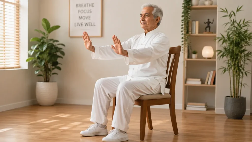 Senior practicing Seated Tai Chi for Seniors using a sturdy chair