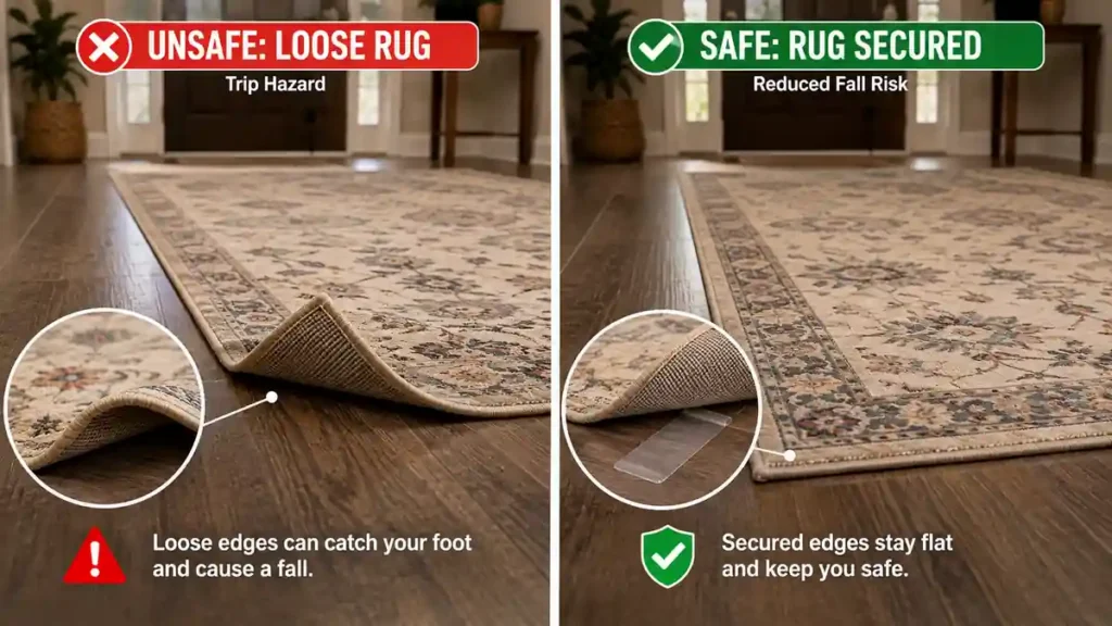 Comparison of an unsafe loose rug and a securely taped rug to help prevent falls and improve senior home safety.