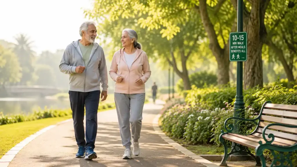 Older adults enjoying a light post-meal walk in a park