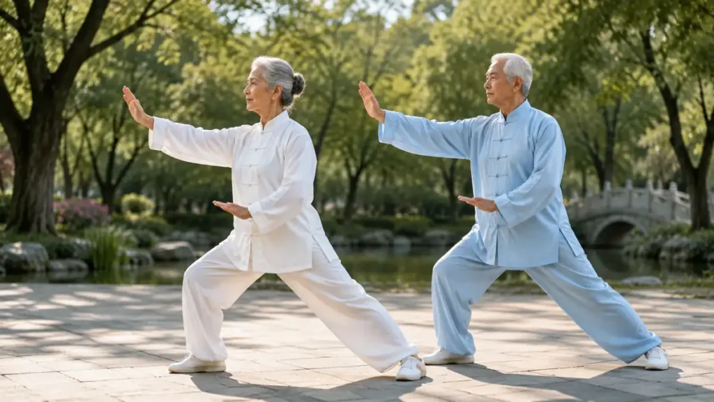 Senior couple practicing Tai Chi for seniors with synchronized weight shifting