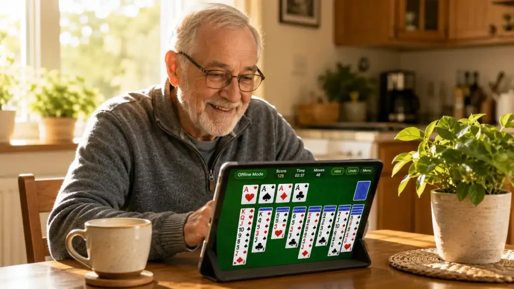 Older adult relaxing at home with a cup of tea playing a casual card game on a tablet