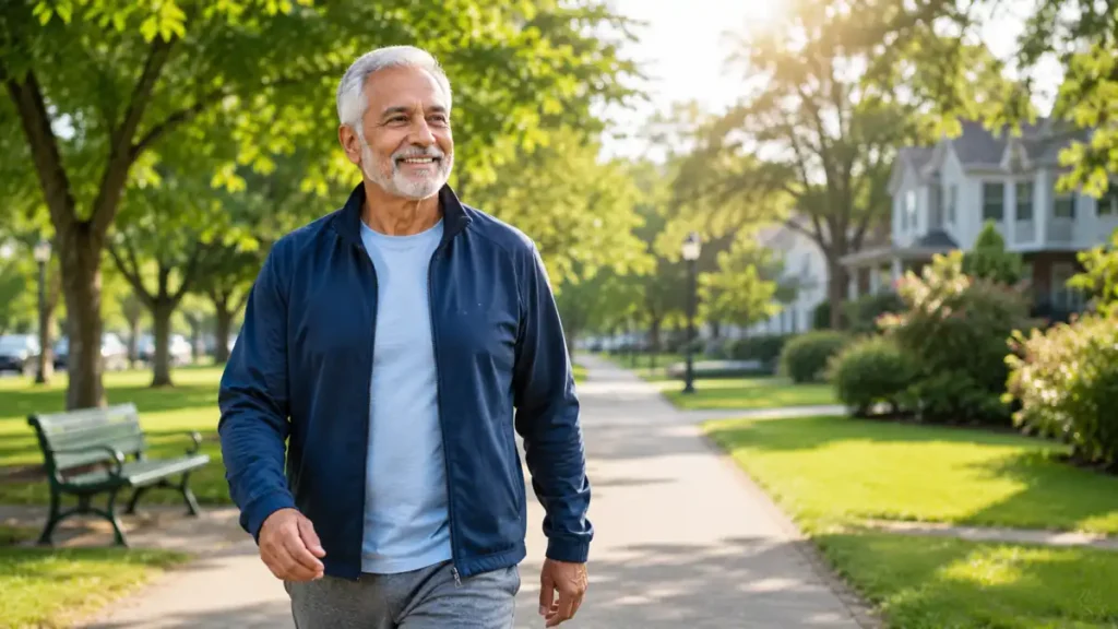 Active older adult taking a daily morning walk outdoors for brain health.