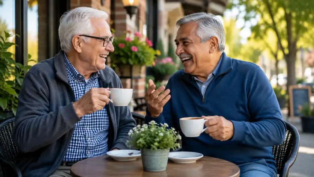 Senior friends enjoying conversation over coffee to support mental vitality.