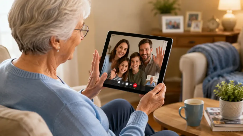 Older adult enjoying an HD video call with family on a tablet in a cozy living room.