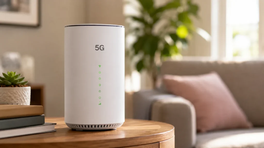Sleek white 5G home internet gateway placed on a living room table