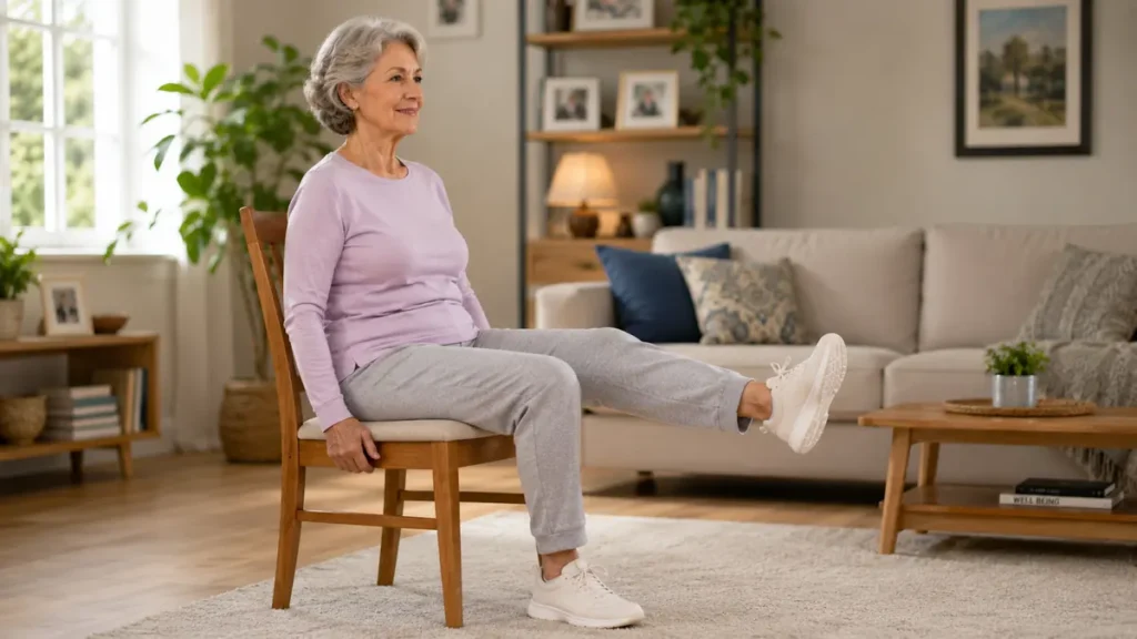 Senior practicing gentle seated chair exercise at home to support balance and mobility