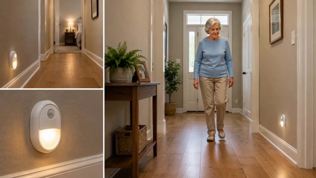 Clear hallway with motion activated nightlight to prevent fall risk for seniors