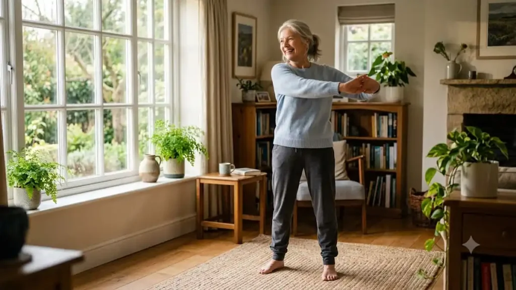 Senior woman doing a gentle standing upper body stretch at home in a bright living room to improve flexibility and mobility.