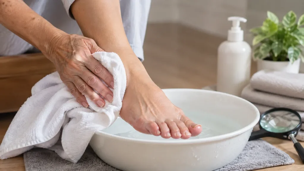 Close-up shot of gentle senior foot care showing careful drying with a soft clean towel