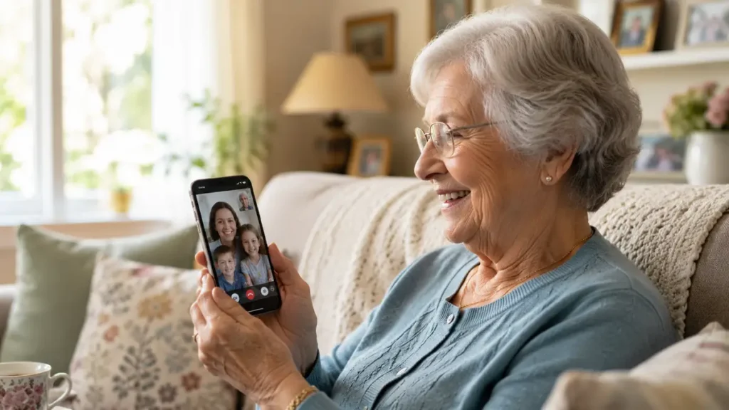 Smiling older woman holding an iPhone while enjoying a FaceTime video call at home