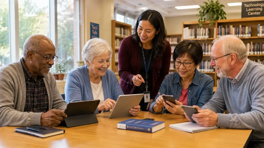 Group of seniors attending a free tablet technology workshop in a local public library