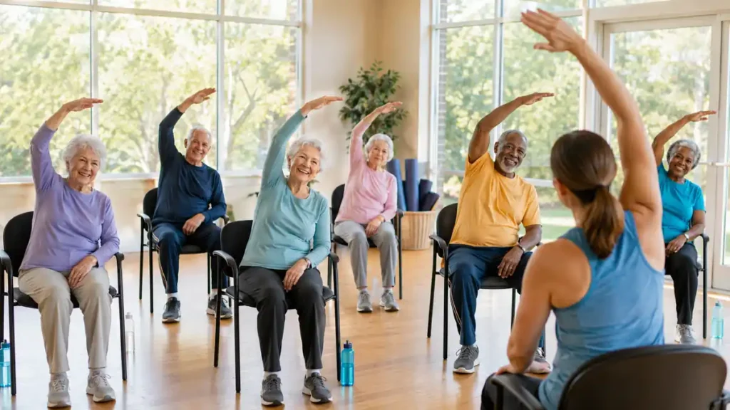 Older adults participating in a gentle seated yoga and wellness class in a senior living studio