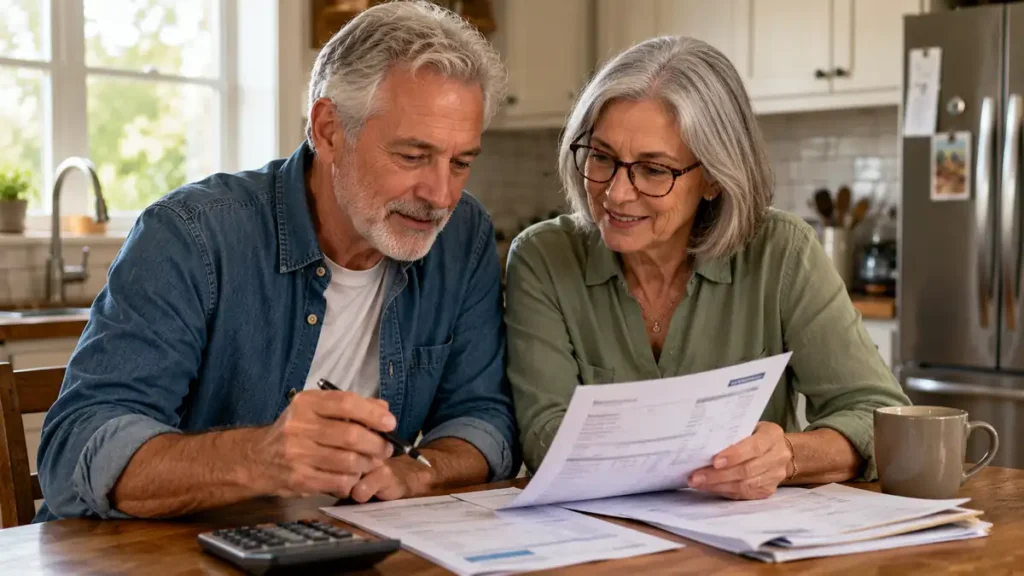 Senior couple sitting at kitchen table reviewing home broadband bills and monthly budget