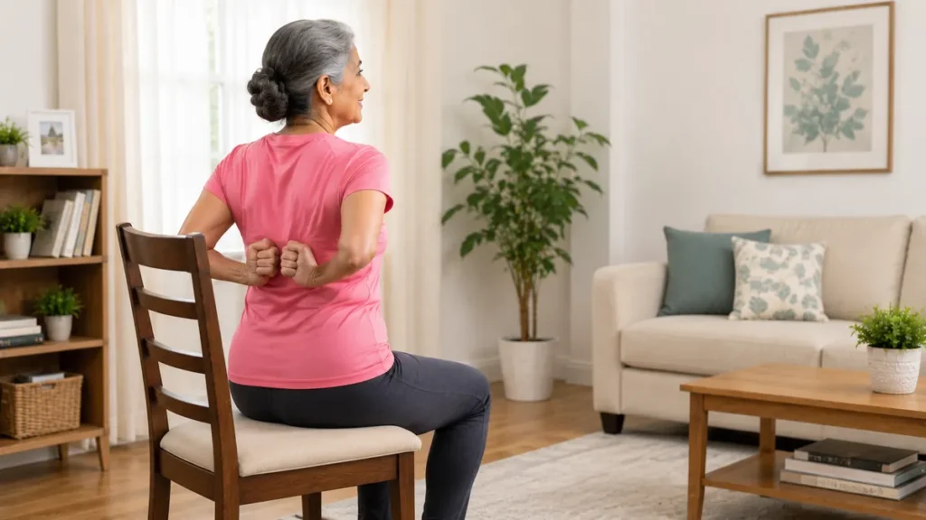 Senior woman performing shoulder blade squeeze exercises at home to improve posture, shoulder mobility, and upper back strength.