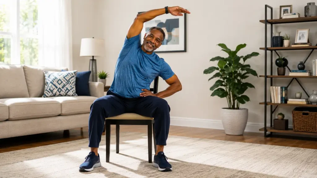 Senior performing a seated side torso stretch at home to improve flexibility, mobility, and core strength. 
