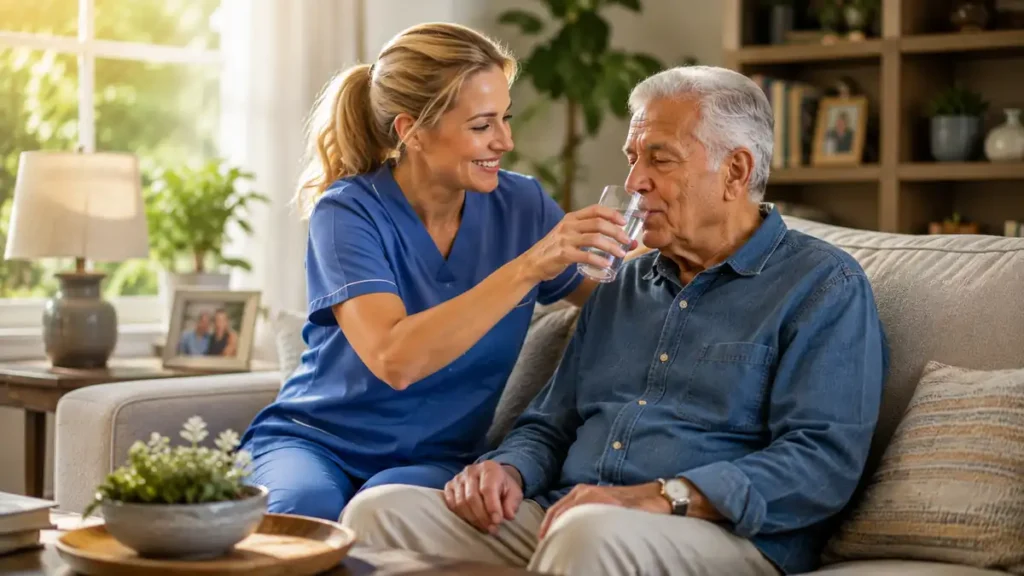 Female caregiver helping an elderly  man drink water at home while providing compassionate in-home senior care.