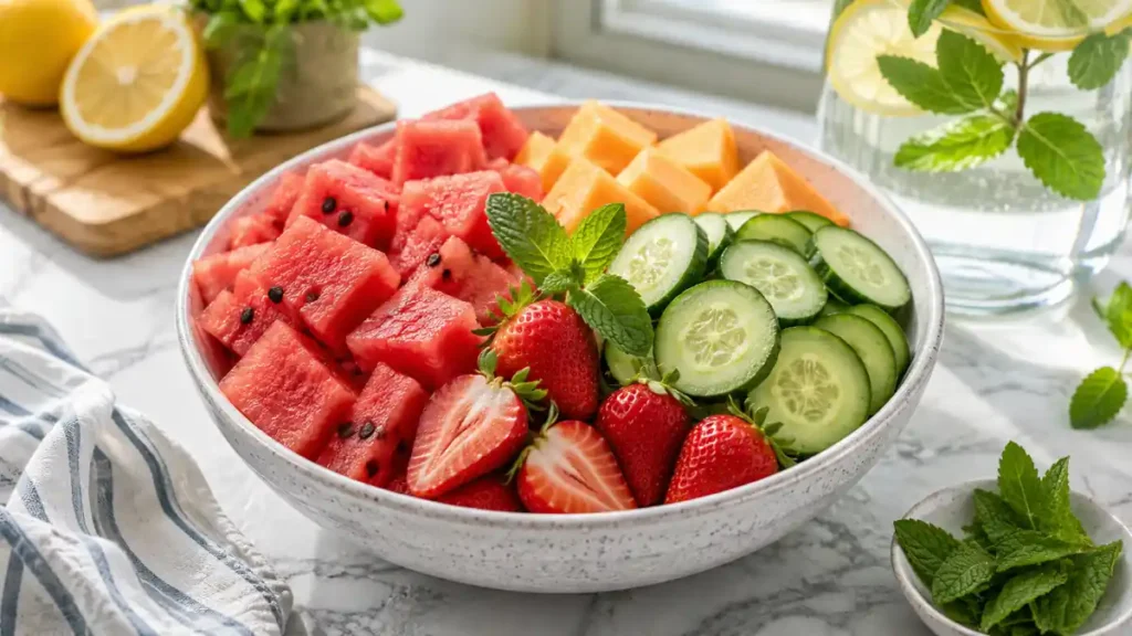 Fresh bowl of hydrating fruits including watermelon and cucumber slices for older adults