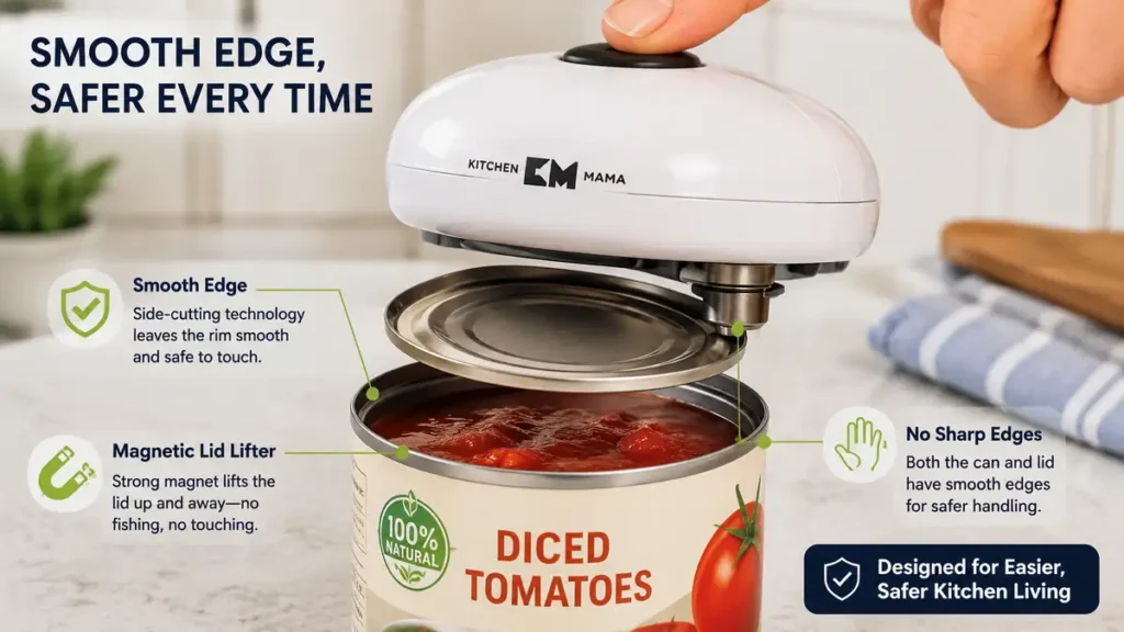 Smooth edge blade on the best electric can opener for seniors with weak hands lifting lid cleanly
