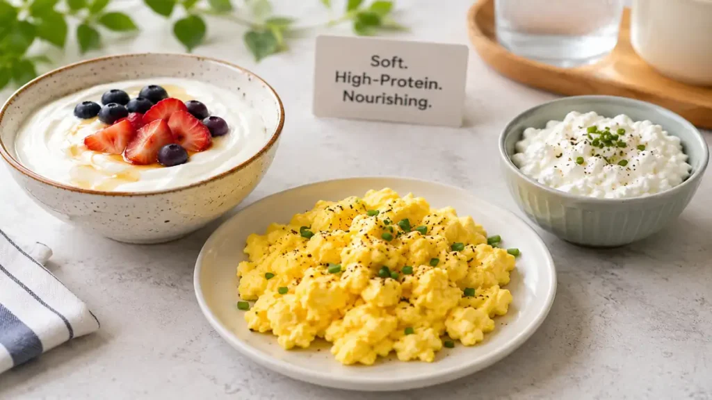 Soft high-protein food options including Greek yogurt, eggs, and cottage cheese for older adults