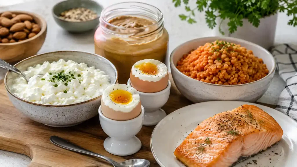 Array of high-protein foods for seniors arranged on kitchen counter