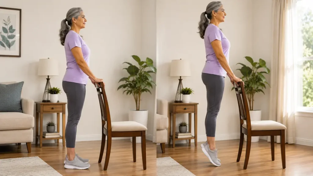 Senior woman performing standing calf raises at home using a chair to improve balance, ankle strength, and lower leg muscles. 