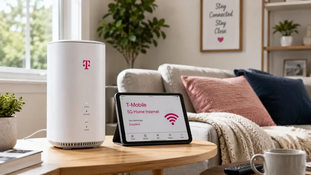 T-Mobile 5G Home Internet gateway placed on a side table next to a tablet in a bright modern living room.