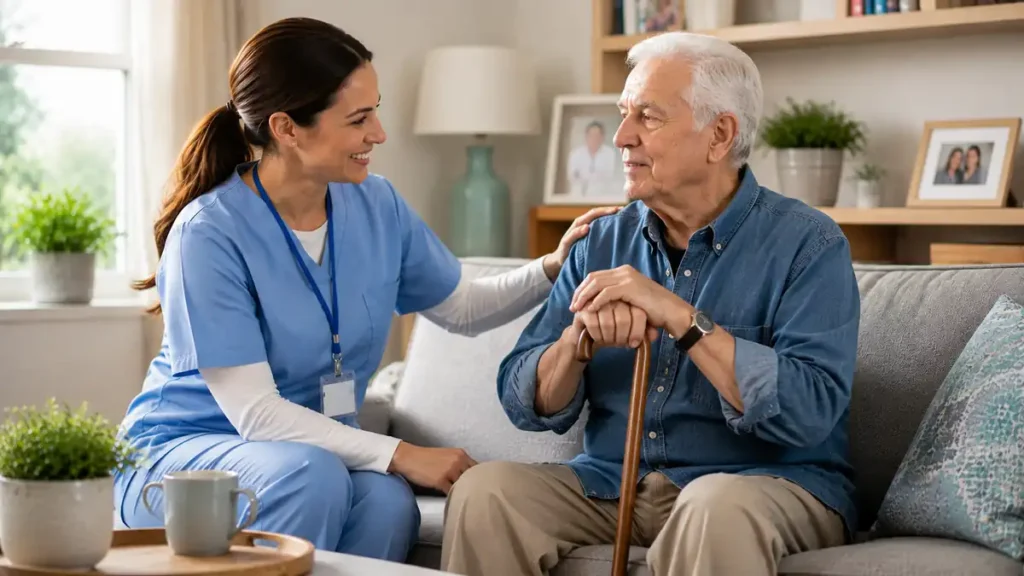 Professional in-home caregiver talking with an elderly American man in a living room during a home care visit.