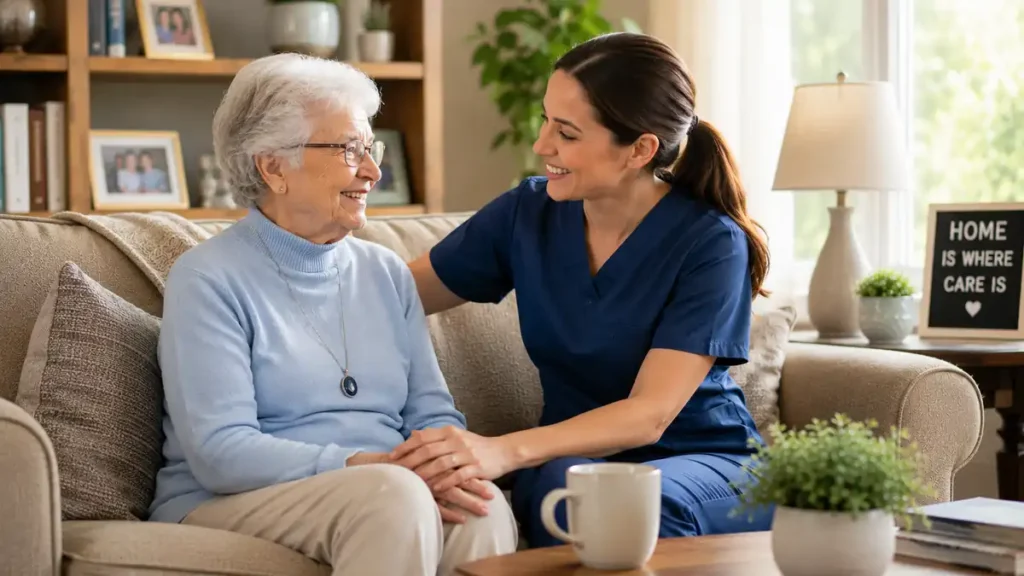 Professional caregiver providing compassionate in-home senior care while talking with an elderly woman in a comfortable living room. 