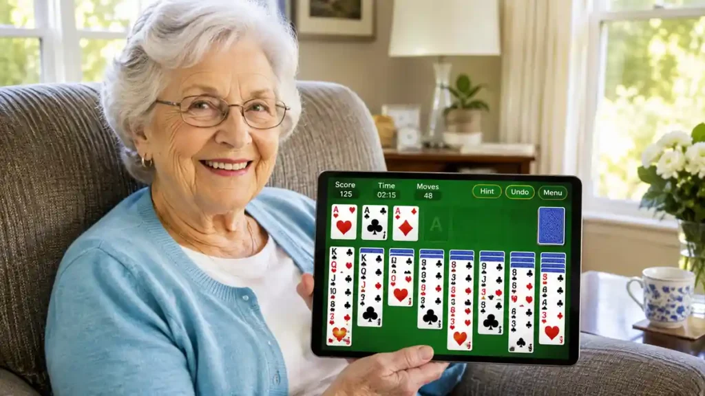 Senior playing Vita Solitaire for Seniors on a tablet with large-print cards