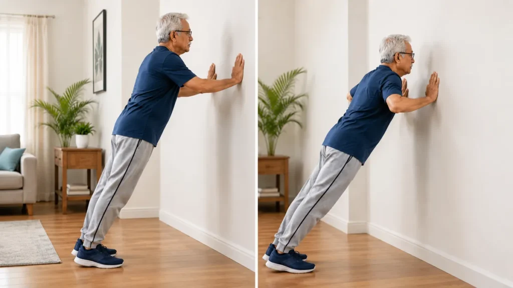 Senior doing wall push-ups at home to improve upper body strength and stability.