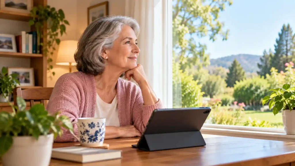 Senior woman taking a distant window break to prevent screen eye strain for seniors while using a tablet.