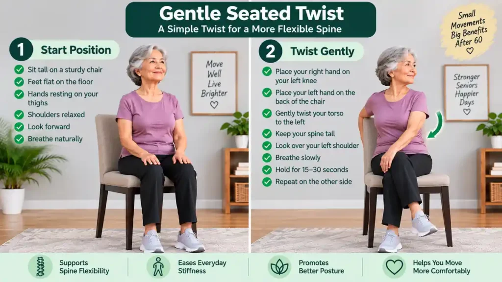 Senior Women gently rotating torso on a sturdy chair during seated yoga stretch