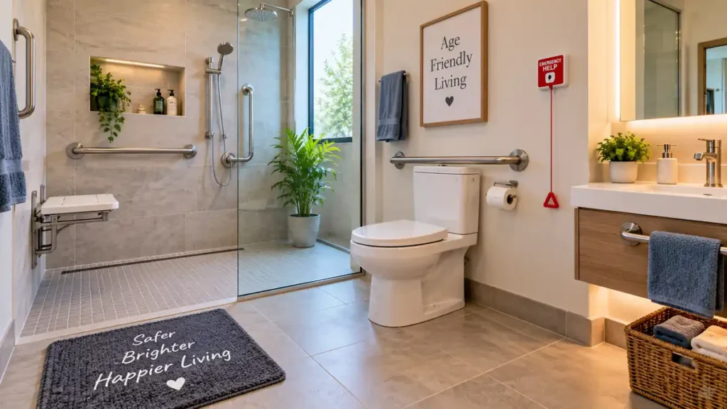 Modern senior-friendly bathroom with step-free walk-in shower and sturdy grab bars