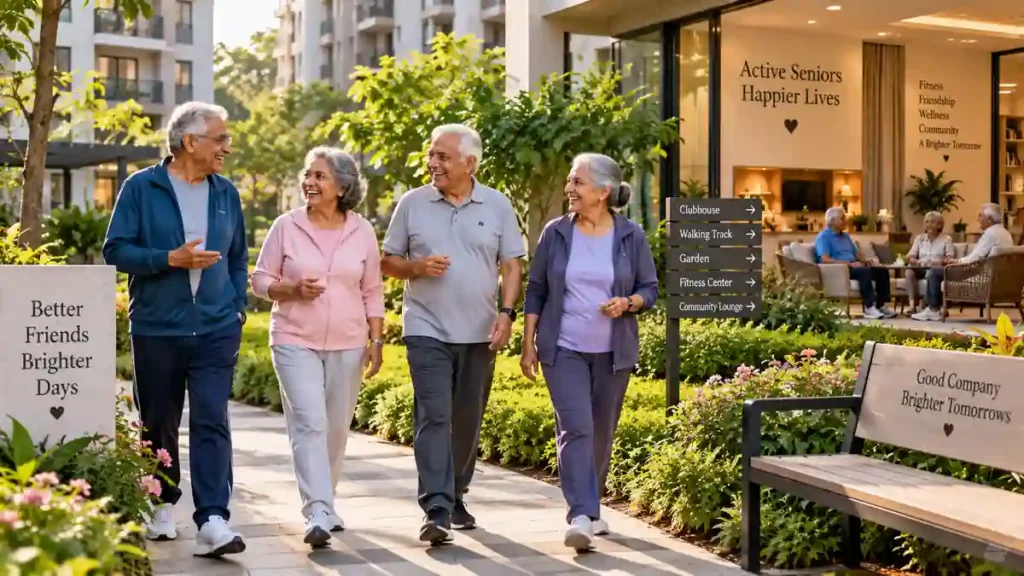 Active older adults socializing outdoors in a dedicated community for apartment living for seniors