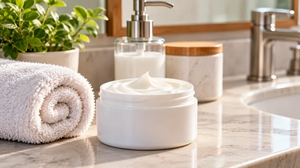 Tub of thick barrier cream on a bathroom counter for gentle dry skin care for seniors.