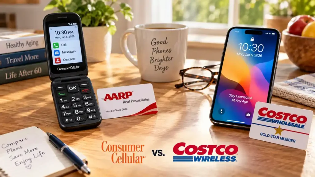 Comparison of Consumer Cellular vs Costco Wireless for seniors showing mobile phones with membership cards on a wooden table.