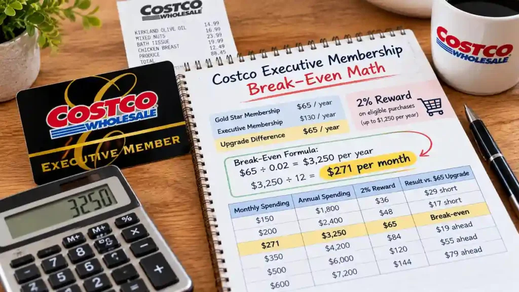 Comparison calculation showing the 2 percent break-even math to decide if Costco executive membership is worth it for seniors.