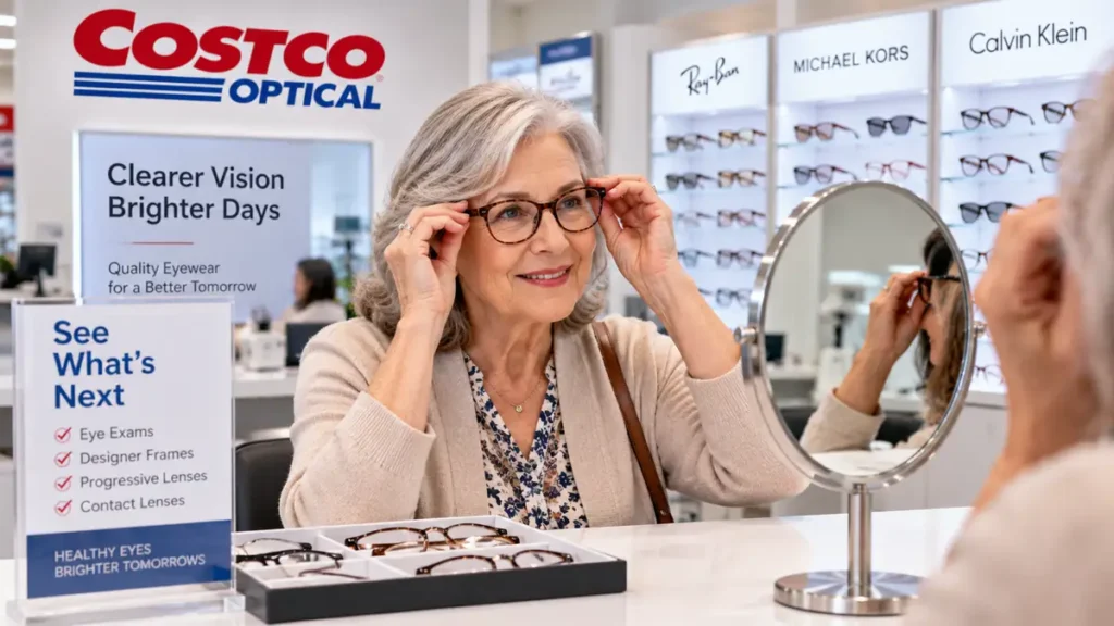 Senior trying on prescription eyeglass frames at a brightly lit retail optical counter.
