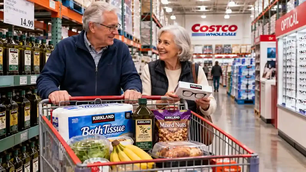 Senior couple reviewing qualifying warehouse purchases 