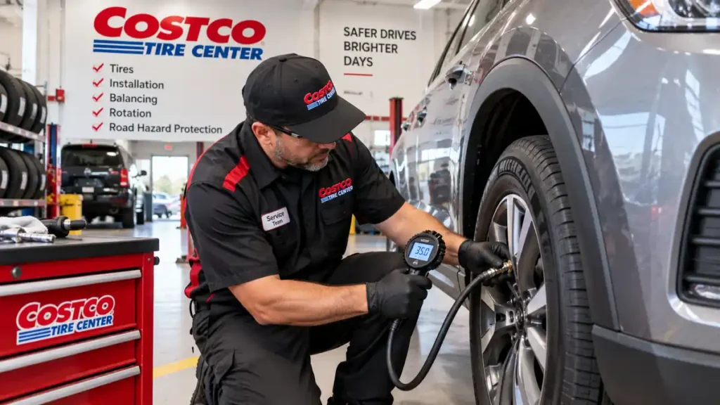 Technician checking tire pressure and performing routine maintenance on a passenger vehicle at a service center.