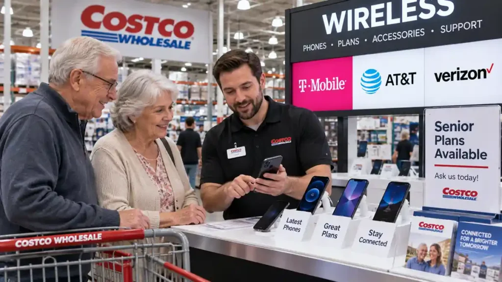 Senior couple reviewing carrier mobile plans and phone displays at a retail warehouse wireless kiosk.