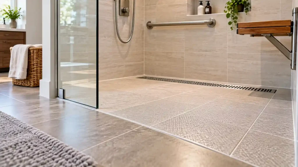 Zero-threshold curbless entry on a walk in shower for seniors with recessed linear drain