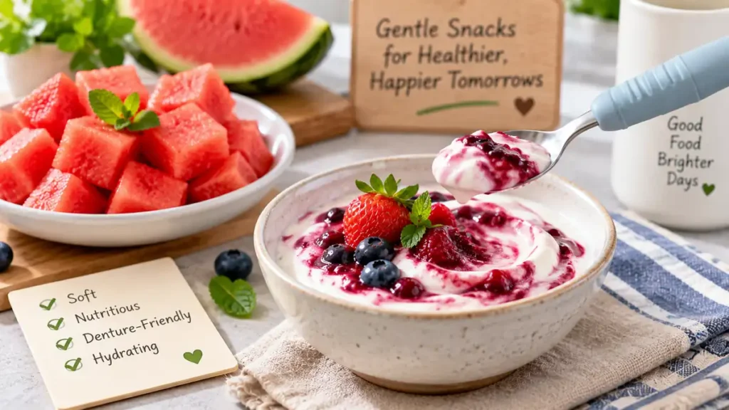 Soft Greek yogurt with berry puree and watermelon pieces, demonstrating denture-friendly hydrating foods for seniors who forget to drink water.