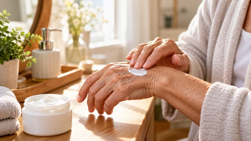 Older adult applying rich fragrance-free cream, practical dry skin care for seniors