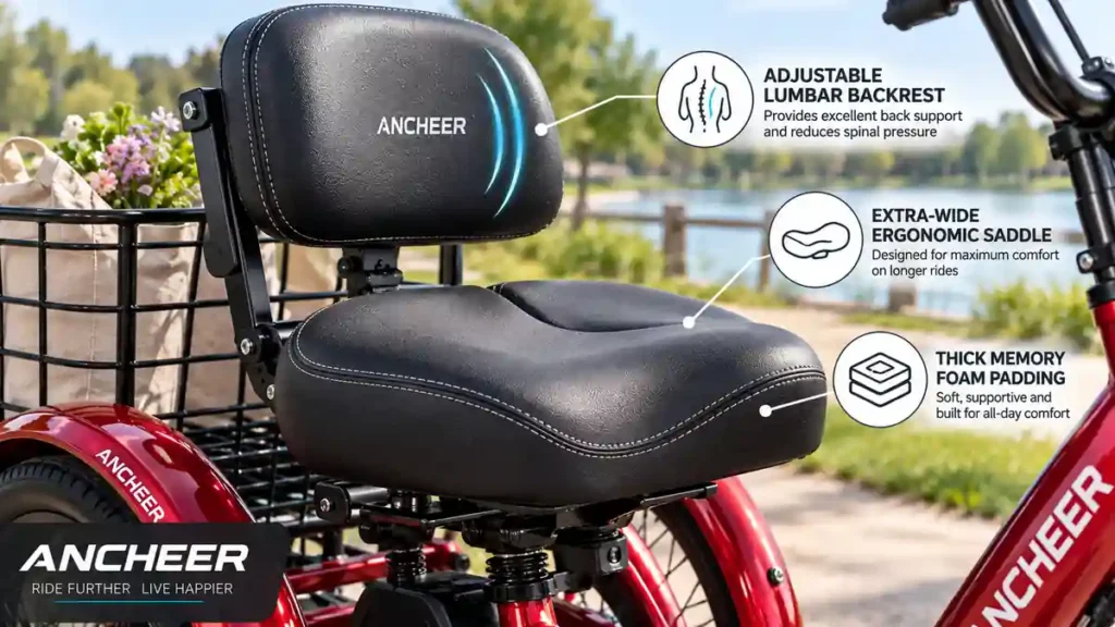 Close-up of an extra-wide cushioned saddle with integrated lumbar backrest on an adult electric tricycle